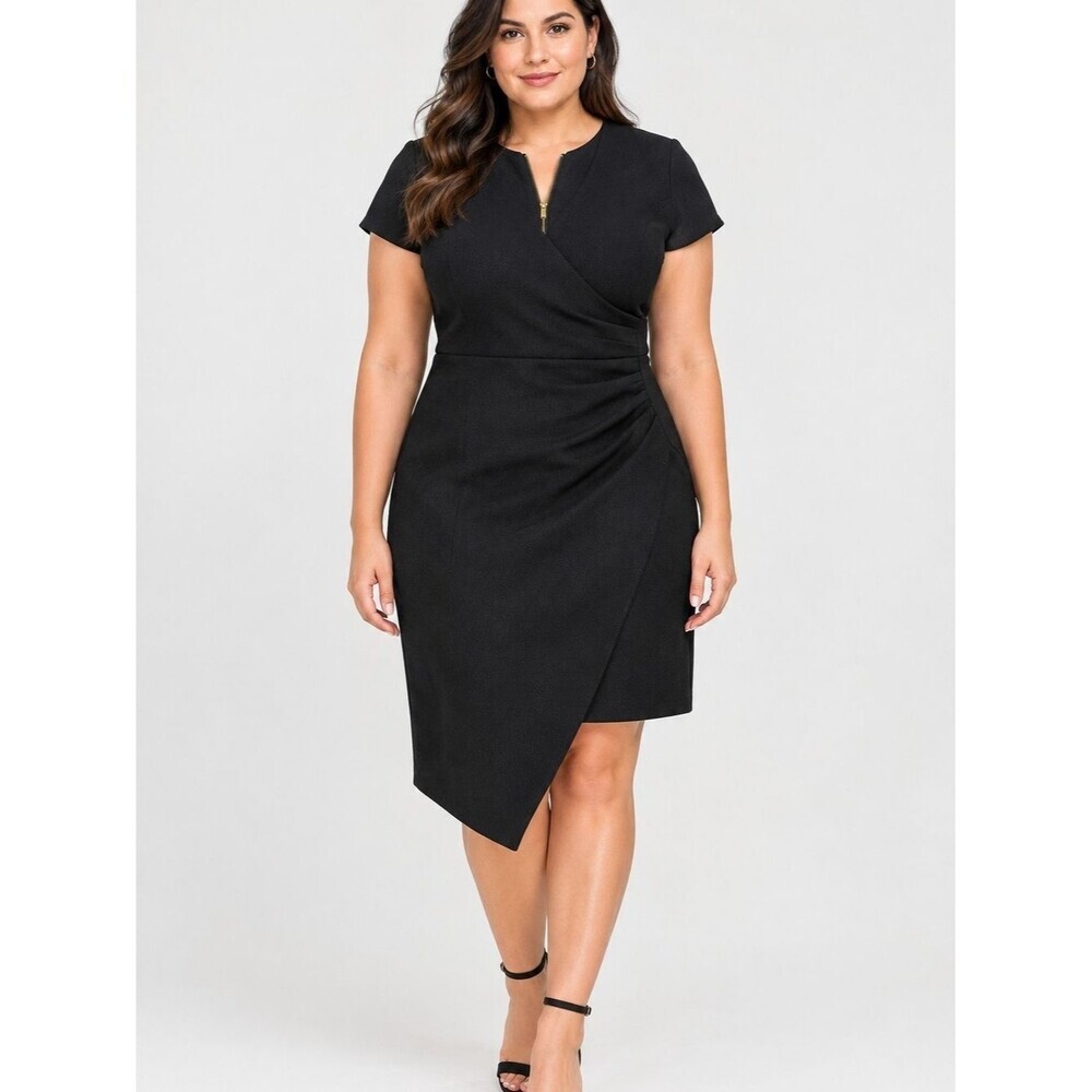 Bisou Bisou Black V-Neck Ruched Wrap-Front Midi Dress